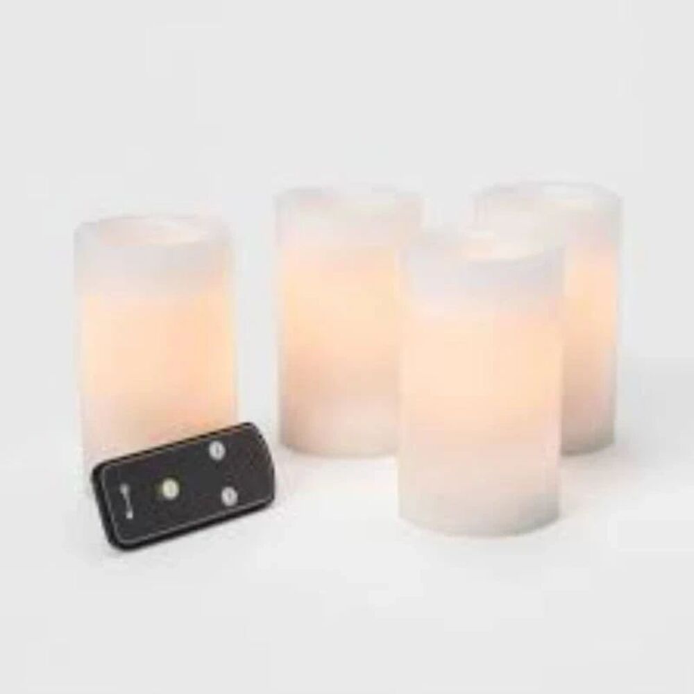 Threshold 4pk LED Flameless Pillar Candles Remote Real Wax Black Wick NEW